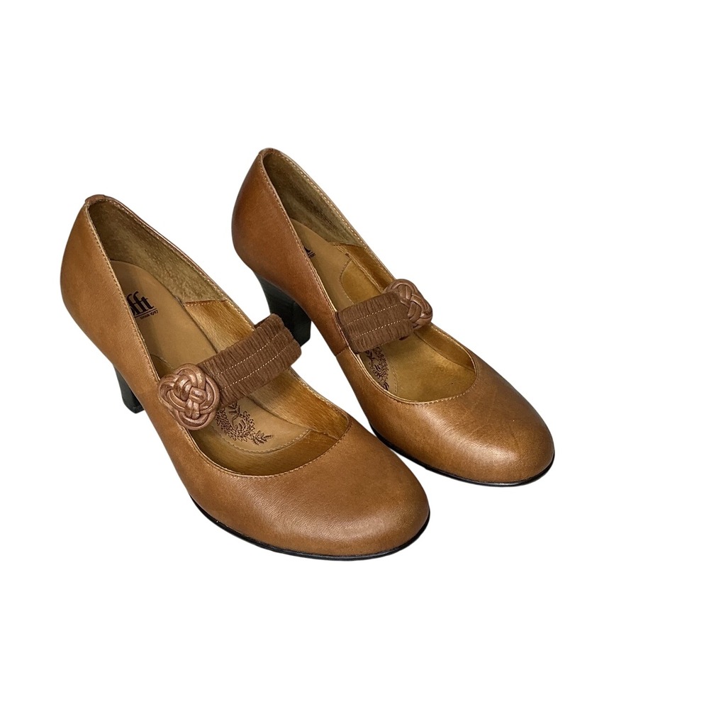 Sofft Tan Brown Leather Mary Jane Knot Strap Kitten Heel Pump Round Toe Women 8N
